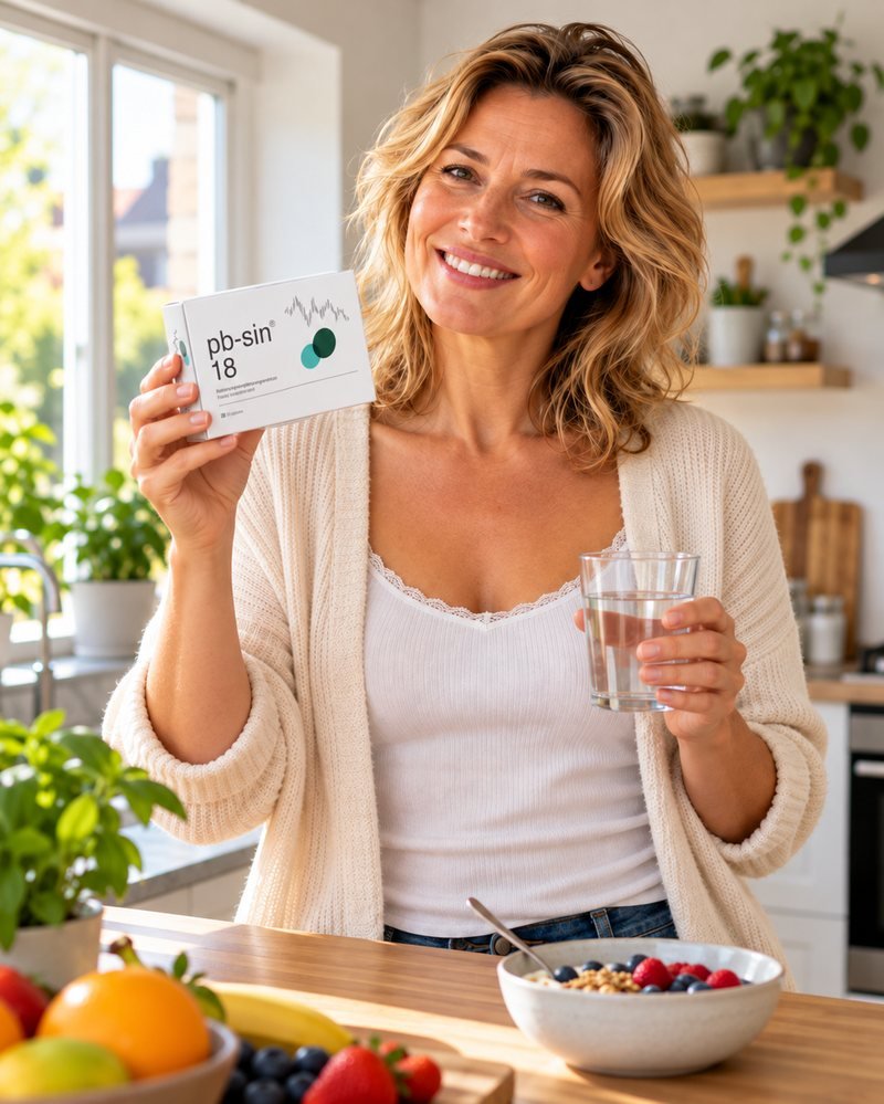Vrouw met Pb-Sin 18 dieetsupplement, een glas water en een gezond ontbijt